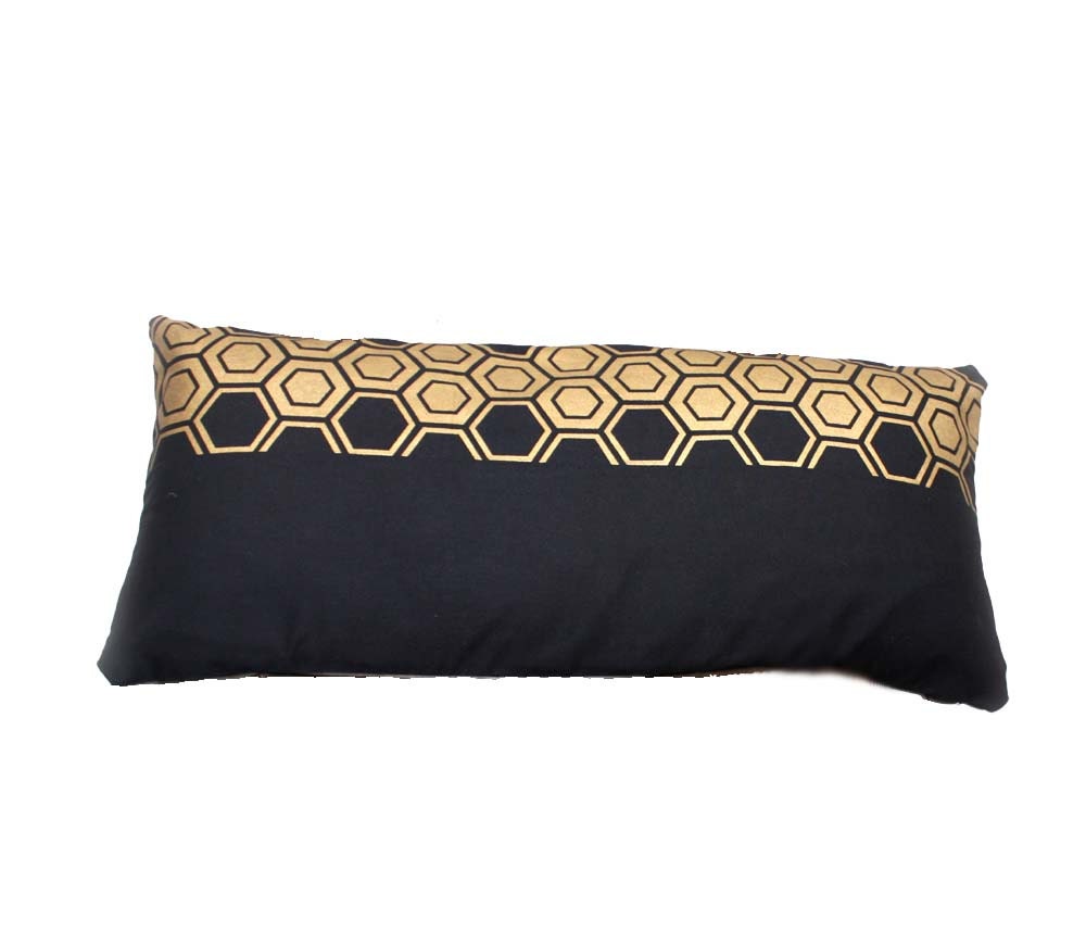 Golden Hexagon  Decorative Pillow /  Cushion Cover. 30x65cm. Recycled Vintage Japanese Cotton Obi and Natural Linen. Modern Design. LAST ONE