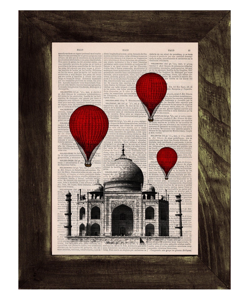 Vintage Book Print -  Taj Mahal Balloon Ride Print on Vintage Book art