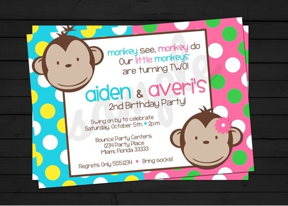 Mod Monkey Boy & Girl Twins Birthday Invitation Digital File YOU-PRINT Il_570xn