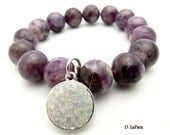 Purple Beaded Bracelet - Swarovski Crystal Silver Opal Charm and Amethyst Stones, Free shipping