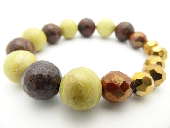 Gold Beaded bracelet - Yellow Chocolate Brown Semi Precious Stone Beads  and Czech Glass, Autumn Bracelet