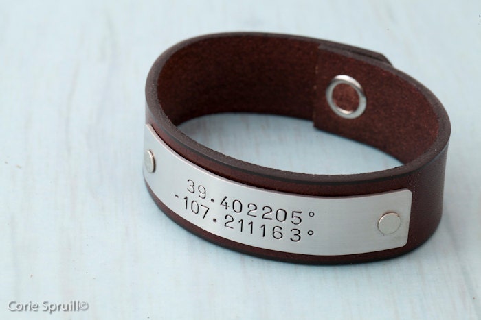 Latitude Longitude Bracelet - Personalized Leather Bracelet - GPS Coordinates Location Bracelet