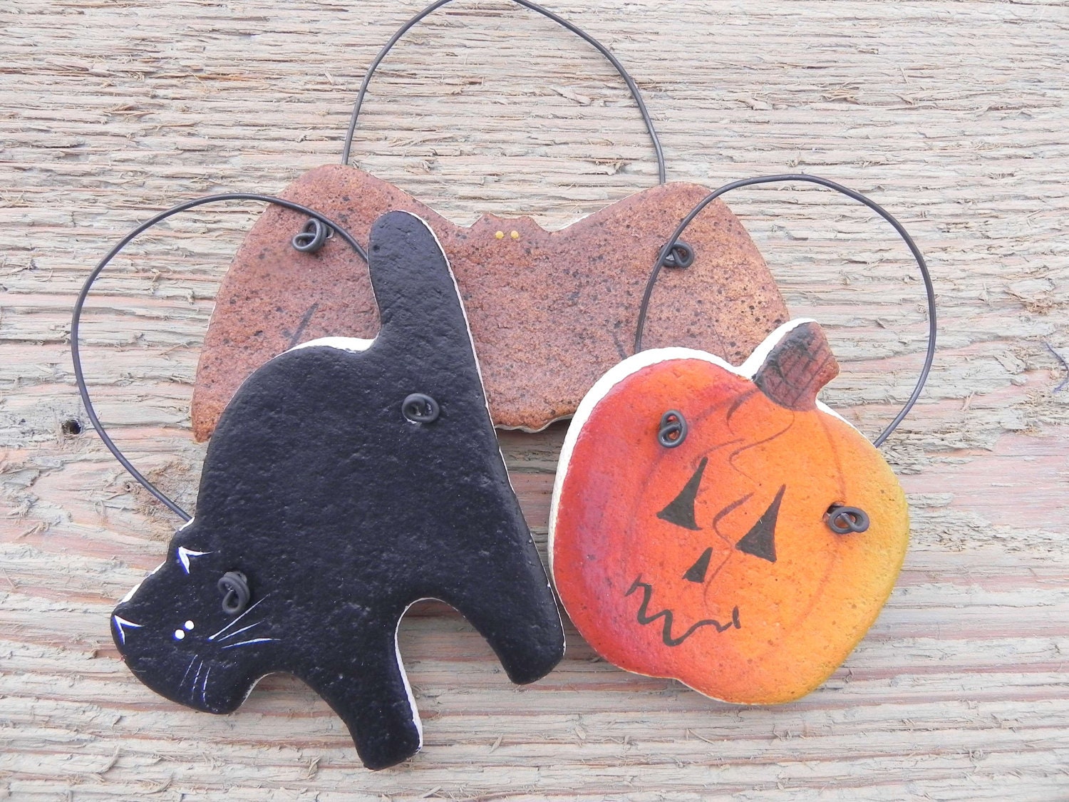 Halloween Decorations Set of 3 Salt Dough Pumpkin, Cat and Bat Ornaments