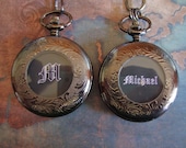 PERSONALIZE a Beautiful Black Wind-up, Window Pocket Watch with Initial OR Name, men,dad,grad,son,groomsmen