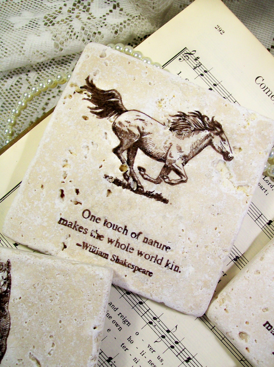 Coaster Stone Antiqued Travertine Coaster Horse Art One Touch of Nature...William Shakespeare
