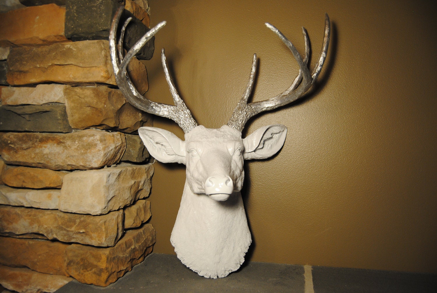 Deer Head Wall Mount - White and Silver Antlers - Deer Head Antlers Faux Taxidermy