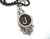 Typewriter key necklace, letter J on black key, art deco style oxidized silver tone pendant, includes bead chain, monogram