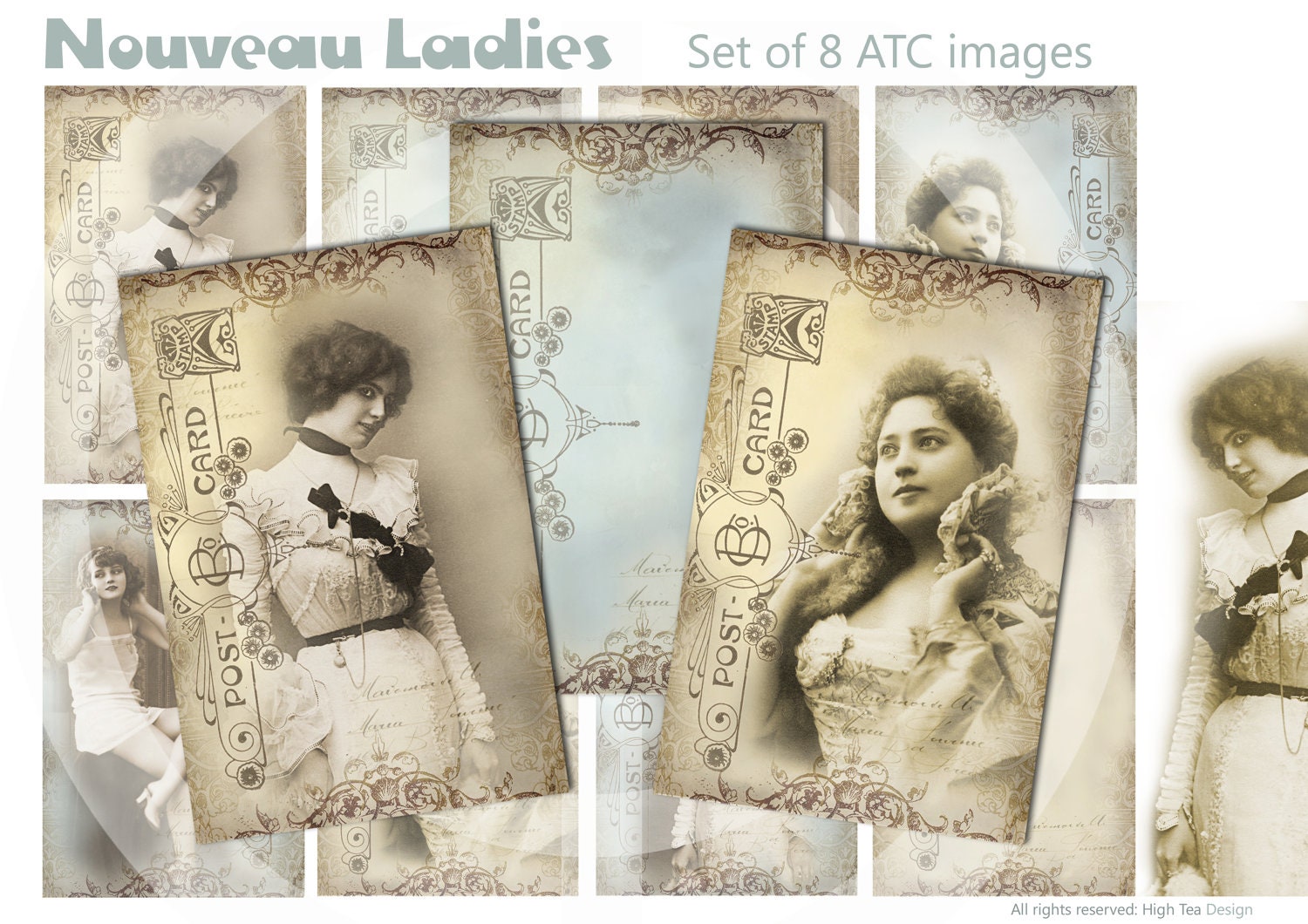 NOUVEAU LADIES  -  Set of 8 Atc Cards - Art Nouveau - Digital Collage Sheet - Printable Download