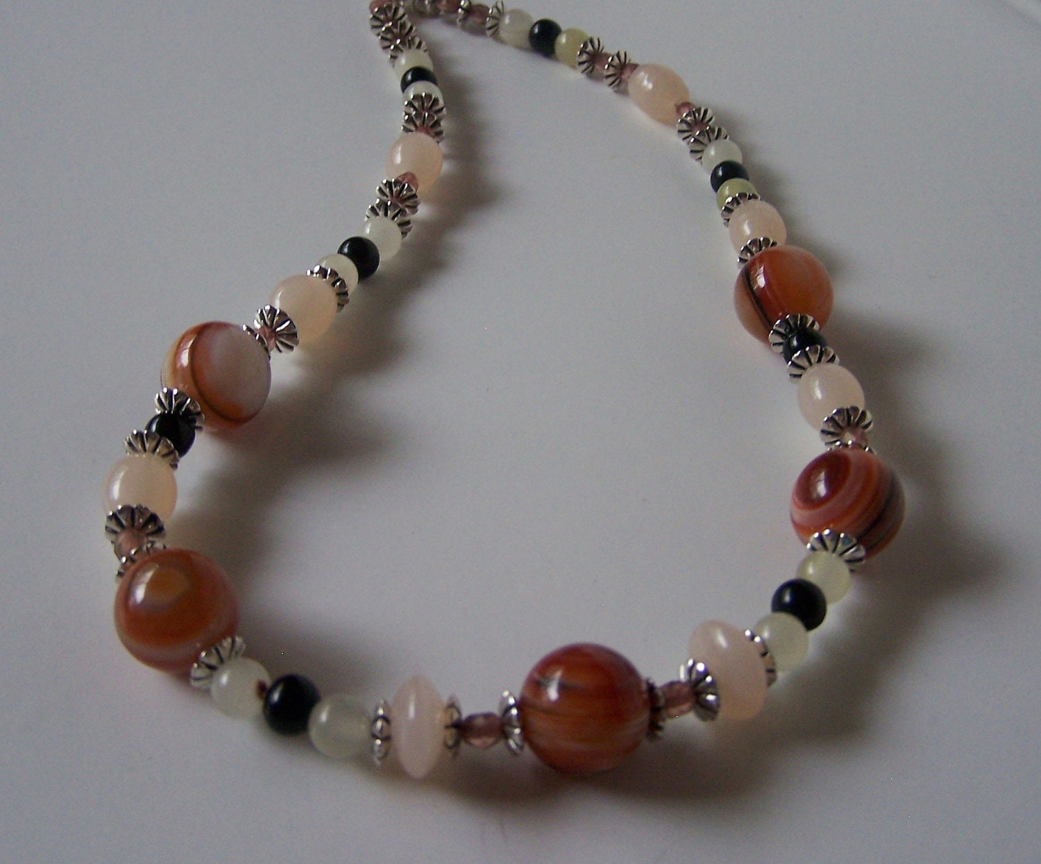 red agate handmade necklace, natural stone, red agate, white/cream agate, black onyx accent, pewter spacer beads, one of a kind, handcrafted