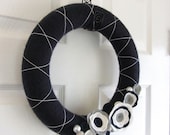 Yarn Wreath Christmas, Winter, Holiday decor. Door wreath - Blue, silver and white felt flowers. 12 Inches.
