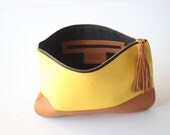 Colorblock Leather Tassle Clutch in Yellow and Tan- SALE