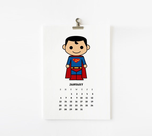SALE - 2013 Calendar Cute Superhero 8 x 10 on A4 Free Shipping