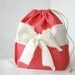 Raspberry red Linen and lace Drawstring bag gift bag reusable eco friendly shabby bow