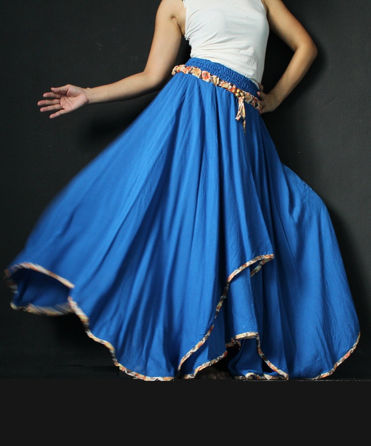 Skirt Blue Cotton Maxi Skirt Inspiration Flowing Circle Long Skirt/ Double Layered Full Skirt Women