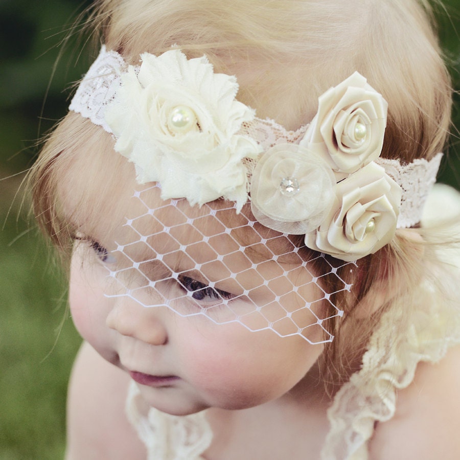 Lace Petti Baby Romper, Ivory with Flowers and Rosette Embellishments, Baby Rompers