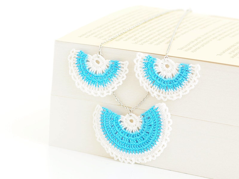 Crocheted Necklace White Aqua Blue OOAK Varnished Hippie Boho Semicircle Hittites Twin Idol Goddess