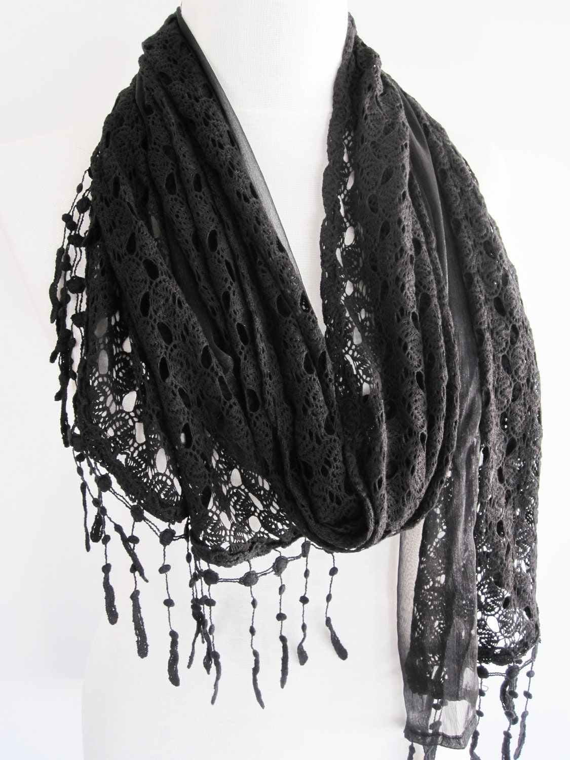 Cotton Lace and Chiffon Shawl - Scarf, Black Scarf, Infinity Scarf, Headband, Fashion