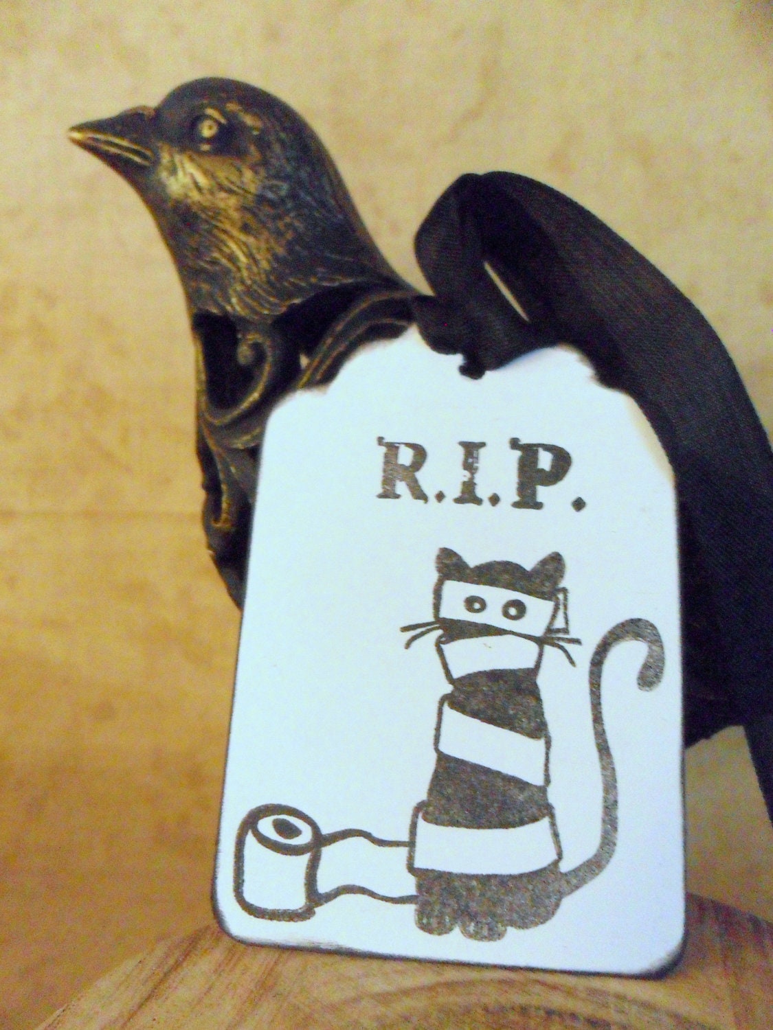 Gift Tags RIP Black Cat Mummy Toilet Paper Halloween Black White Monochromatic Funny Humorous