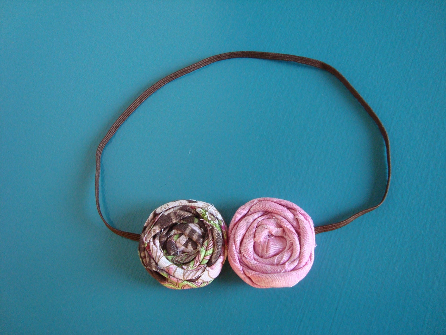 Rolled Fabric Flower Headband DOUBLE - Brown and Pink - on Skinny Elastic - Newborn Infant Toddler Girl Adult