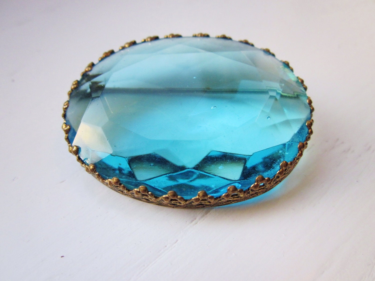 Art Deco Brooch HUGE Aqua Blue Faceted Glass Gold Brass Vintage 1930s Jewelry
