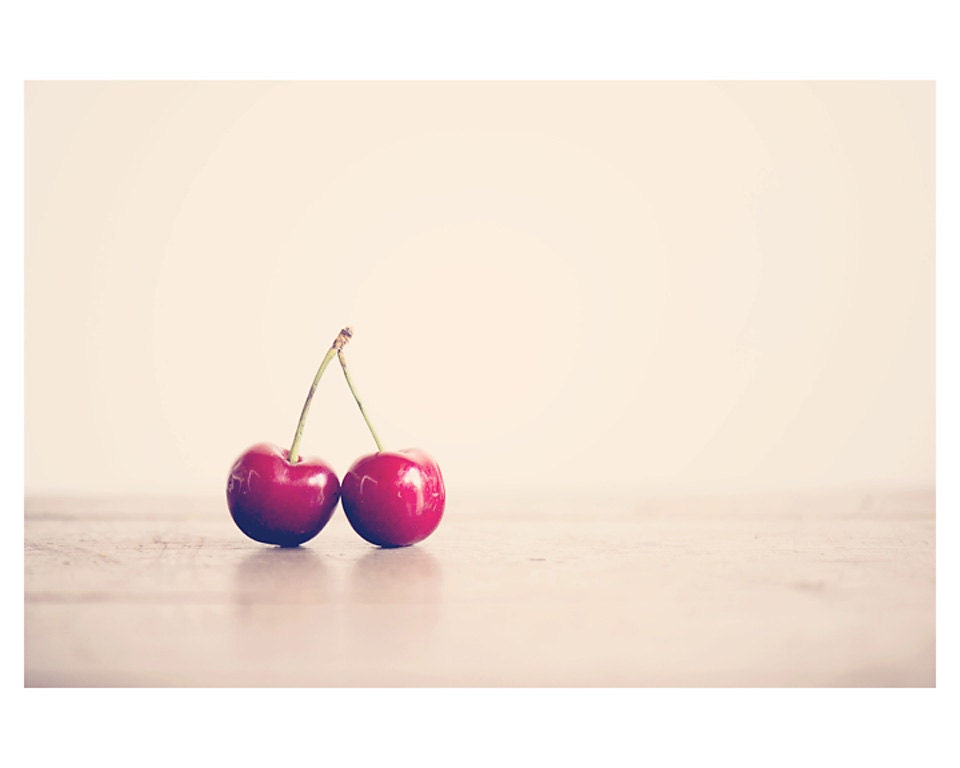 red cherry fruit photo print - whimsical fine art food photography, kitchen wall art, nursery decor, cream, pink, enchanting - 10x8 - oohprettyshiny