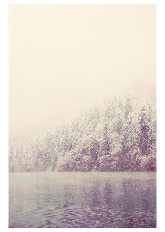 snow winter mountain landscape photo print - whimsical fine art nature photography, dream, alps, lake, cream, purple, nursery wall art - 7x5