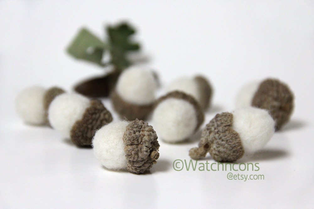 Needle Felted Wool Acorns Woodland Decor  - Set of 8 Natural White Wool Color