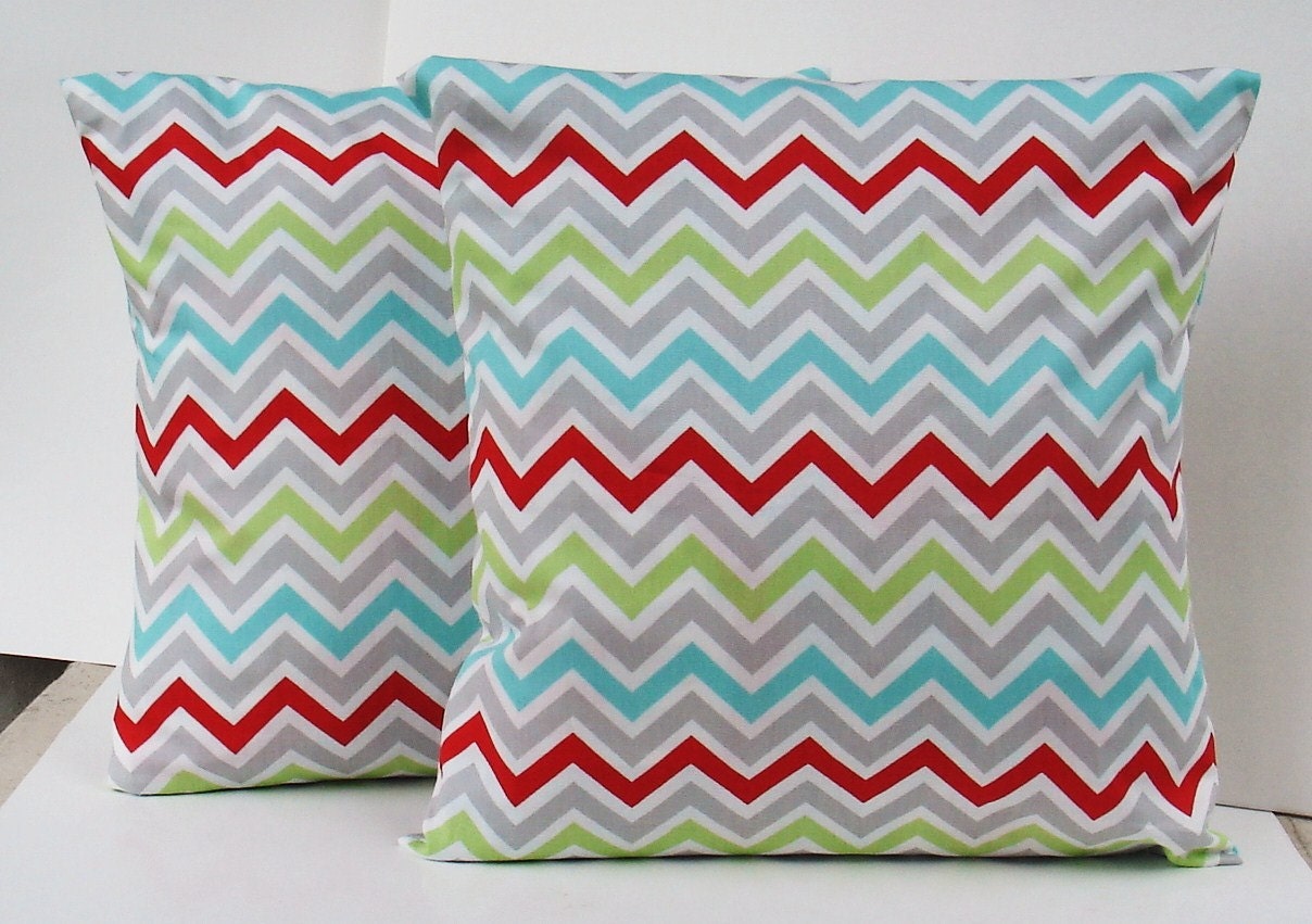 set of 2 Chevron Zig Zag Decorative Pillow Covers --Designer Fabric-- 18 x 18 -Blue, light blue, olive, green, yellow, white