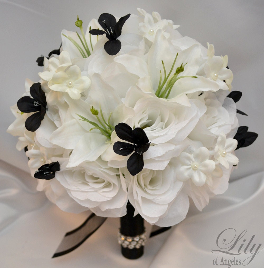17pcs Wedding Bridal Bouquet Set Decoration Silk Flower BLACK WHITE "Lily of Angeles"