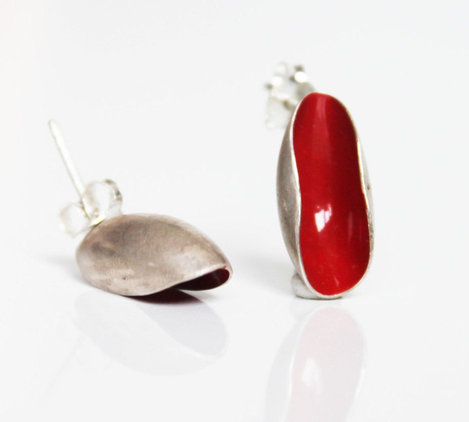 Silver red post earrings - contemporary silver earrings - Modern jewelry design - custom made earrings