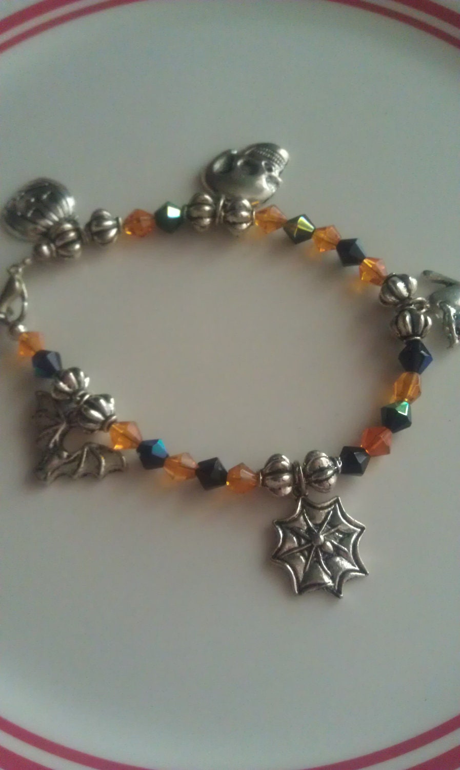 Halloween Charm Bracelet/Halloween Jewelry/Black and Orange/ Bats Spider Webs, Pumpkins and Cats