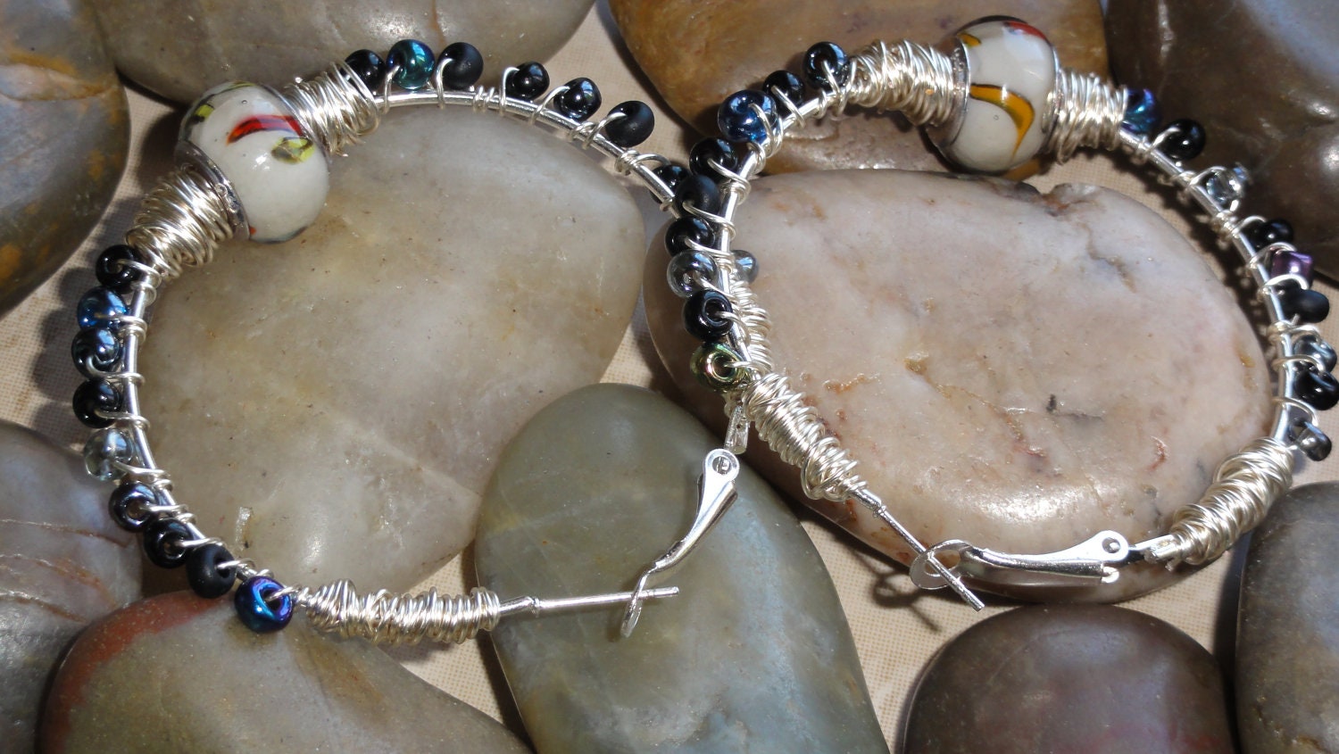 Earrings - Red Orange Yellow Blue Murano Glass Black Bead Wire Wrap Silver Hoop Earrings - Free Shipping
