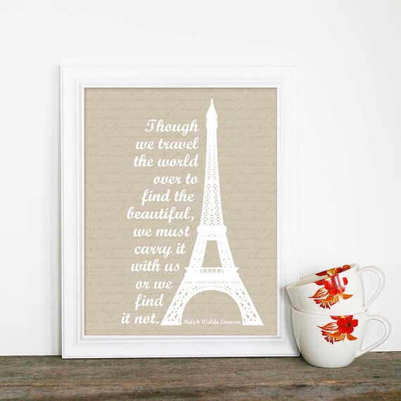 Travel Inspired Print France Beautiful World - Travel Holiday Vacation Eiffel Tower Inspirational French Script Art - Pale Beige White