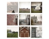Country Chic Home Decor Set of 9 Barn Photos, farmhouse, rustic,  brick red, green, white, cottage chic, barn, Sepia or Color available