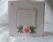 Handmade Get Well Card in Pink  heat embossed with paper flowers