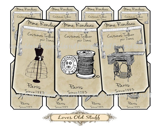 French Tags Sewing Paris Tailor Set of 8 Digital Printable Tag