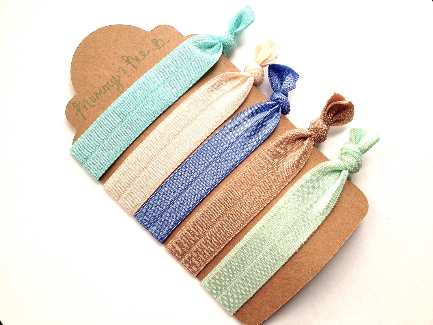 Super Soft No-Snag Elastic Hair Ties --  Seaside Collection --Green, Brown, Blue, Creme, Aqua