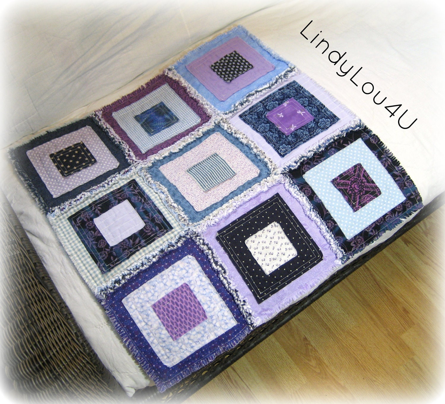 Rag Quilt Pet Quilt Home Decor Pet Lover Gladdy Tatty Original Navy Blue Purple Blue Orchid Tones