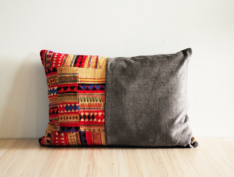 Patchwork pillow cover with handmade Thai Hmong fabrics - VI