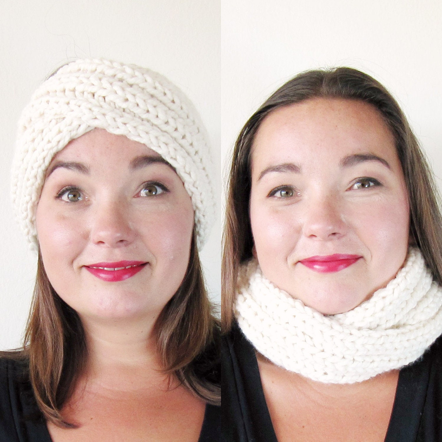 Fluffy White Chunky Knit Headband or Infinity Scarf, Turban Headband, Chunky Cowl, Charity Donation, by Knits for Life