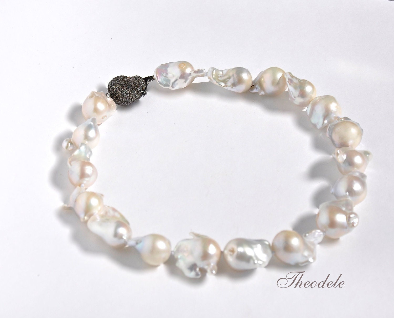 Pave Diamond Freshwater Baroque Pearl Knotted Necklace.