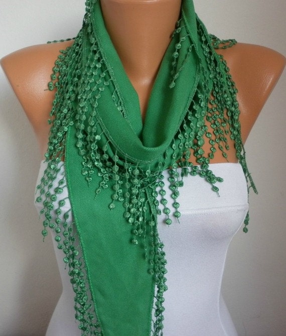 St. Patrick's Day Pigment Green Scarf  -  Pashmina Scarf  -  Cowl Scarf with Lace Edge - fatwoman