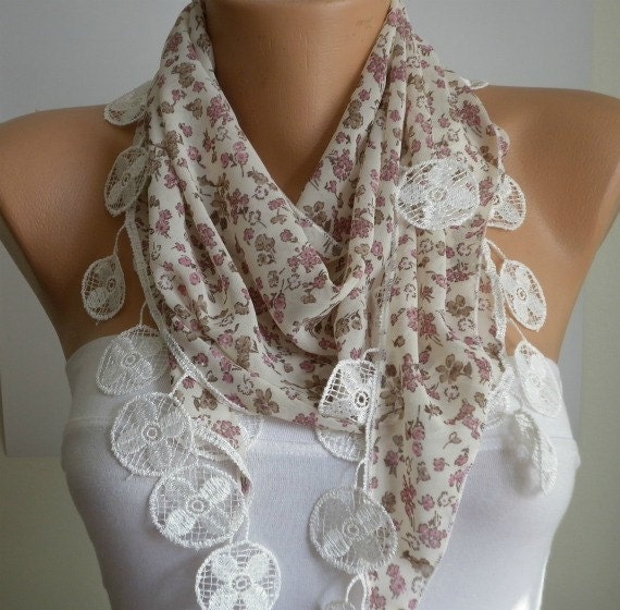Floral Scarf -  Shawl Scarf - Cowl Scarf with Lace Edge