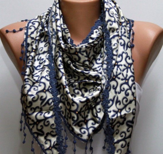 Navy Blue Shawl Scarf -  Cowl with Lace
