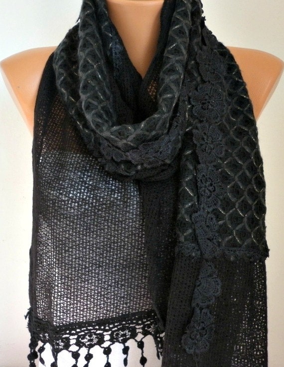 Fabric Knitted Lace Scarf  - Silvery Shawl Scarf  Flower Scarf -  Cowl Scarf - Black - fatwoman