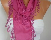 Fuchsia Scarf Cotton Scarf  Cowl with  Lace Edge - fatwoman