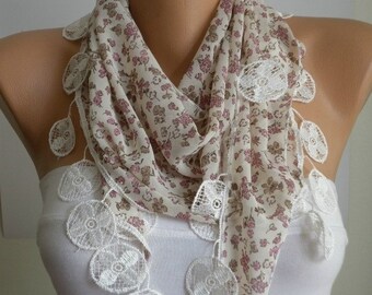 Floral Scarf -  Shawl Scarf - Cowl Scarf with Lace Edge