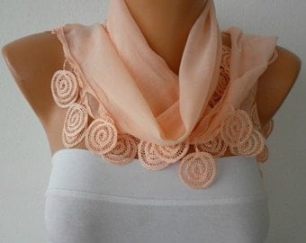 Salmon  Scarf  - Cotton  Scarf -  Cowl with Lace Edge   -