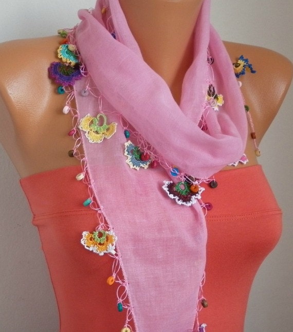 BIG SALE Summer Scarf Shawl - Cotton Weddings Scarves - Cowl with Lace Edge - Pink