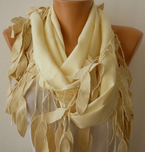 Women Pashmina  Scarf  - Cotton Scarf -  Cowl with Lace  Edge - Yellow